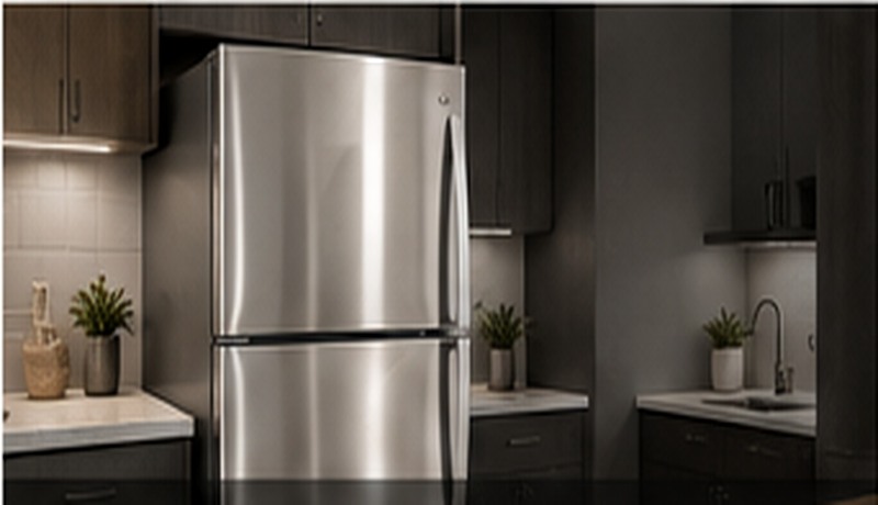 Stainless steel refrigerator in a modern rental kitchen